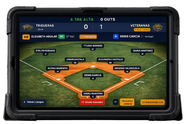 App de anotación de NavoScore en tablet: vista del terreno con la alineación en vivo