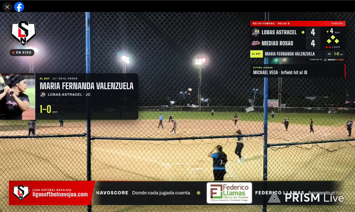 Overlay sobre la transmisión con la tarjeta de la bateadora al bat: su foto, su nombre, su equipo, su posición y cómo va en el juego