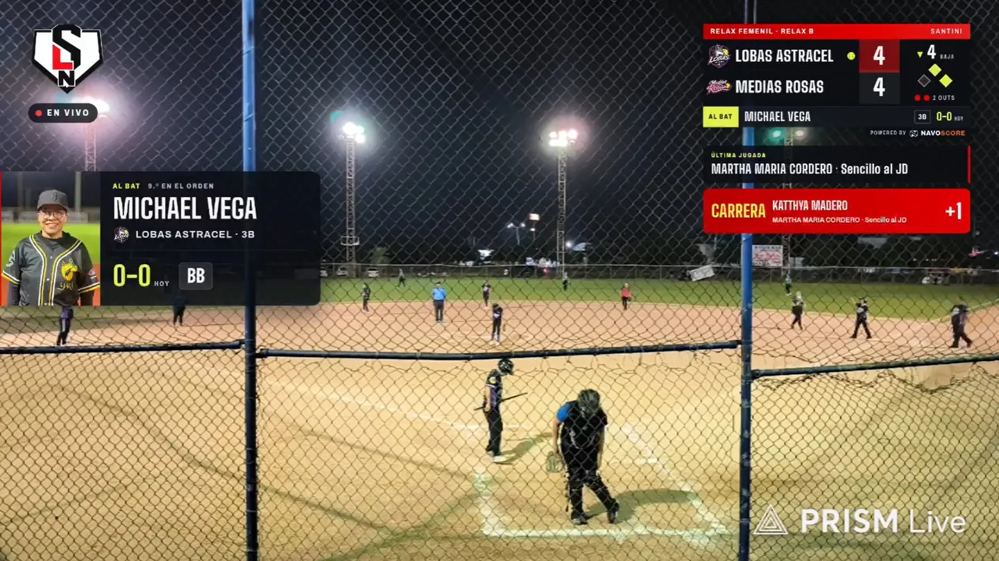 Aviso de carrera anotada en el overlay, con quién anotó y la jugada que la impulsó, junto a la tarjeta del bateador